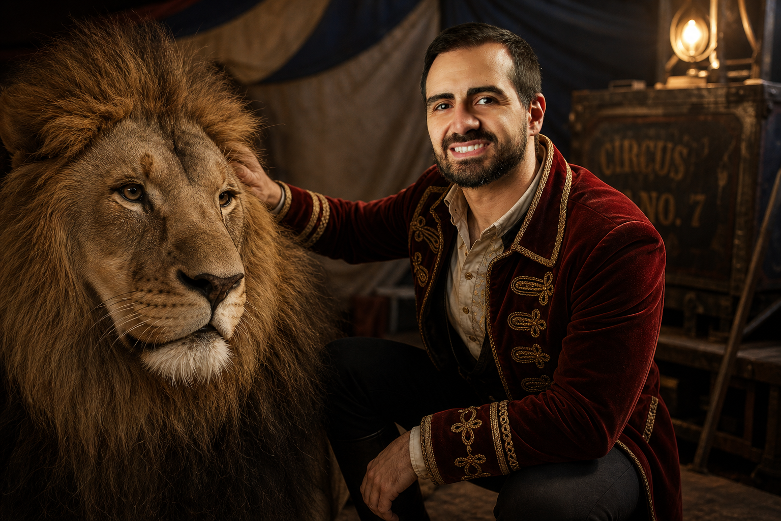 Eric ao lado de um leão